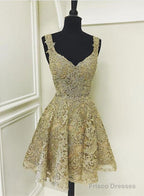 Cute Gold Lace V Neck Short Prom Dress, Homecoming Dress