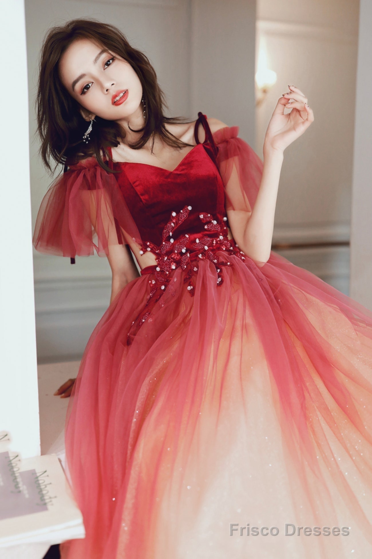 Cute Gradient Tulle Long A-Line Prom Dress, Burgundy Off The Shoulder Evening Dress Secondary image