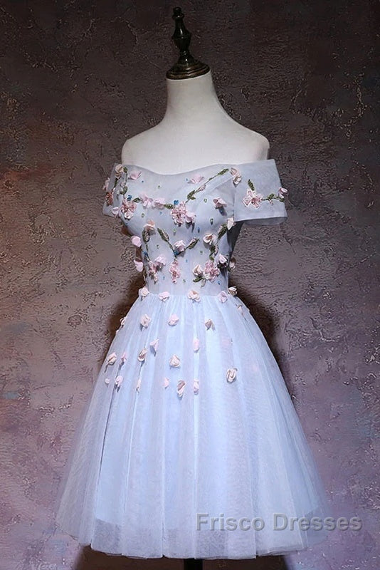 Cute Gray Blue Tulle Short Formal Prom Dress, Off The Shoulder Homecoming Dress Secondary image