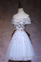 Cute Gray Blue Tulle Short Formal Prom Dress, Off The Shoulder Homecoming Dress