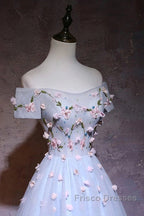 Cute Gray Blue Tulle Short Formal Prom Dress, Off The Shoulder Homecoming Dress