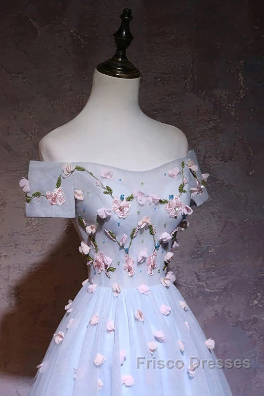 Cute Gray Blue Tulle Short Formal Prom Dress, Off The Shoulder Homecoming Dress