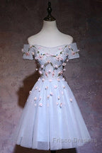 Cute Gray Blue Tulle Short Formal Prom Dress, Off The Shoulder Homecoming Dress