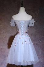 Cute Gray Blue Tulle Short Formal Prom Dress, Off The Shoulder Homecoming Dress