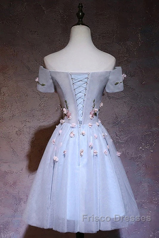 Cute Gray Blue Tulle Short Formal Prom Dress, Off The Shoulder Homecoming Dress