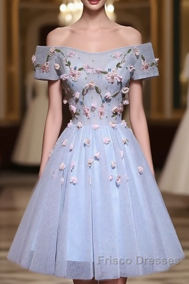 Cute Gray Blue Tulle Short Formal Prom Dress, Off The Shoulder Homecoming Dress Main image