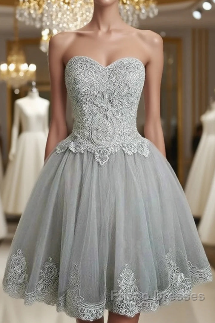 Cute Gray Tulle Lace Short Formal Prom Dress, Gray Homecoming Dress