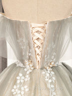 Cute Gray Tulle Lace Short Formal Prom Dress, Gray Tulle Puffy Homecoming Dress