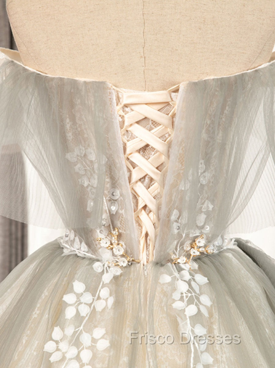 Cute Gray Tulle Lace Short Formal Prom Dress, Gray Tulle Puffy Homecoming Dress