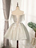 Cute Gray Tulle Lace Short Formal Prom Dress, Gray Tulle Puffy Homecoming Dress