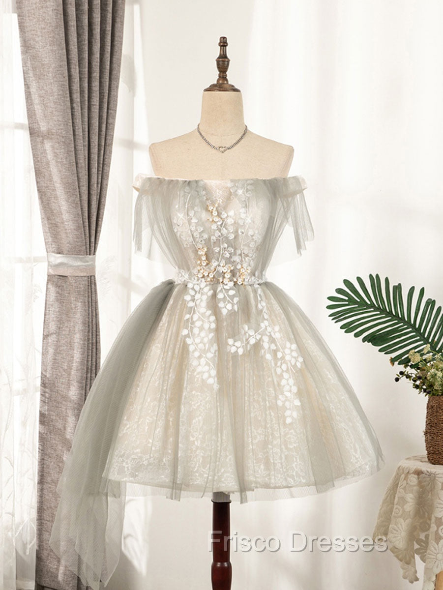 Cute Gray Tulle Lace Short Formal Prom Dress, Gray Tulle Puffy Homecoming Dress