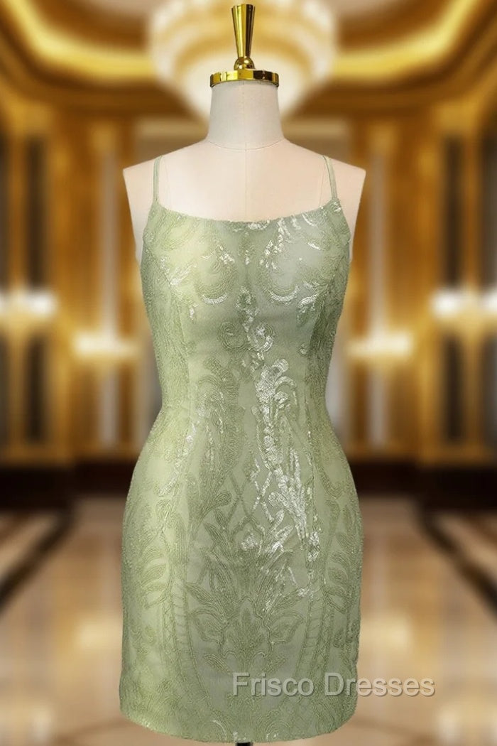 Cute Green Spaghetti straps  Lace Up Sequined Homecoming Party Dress
