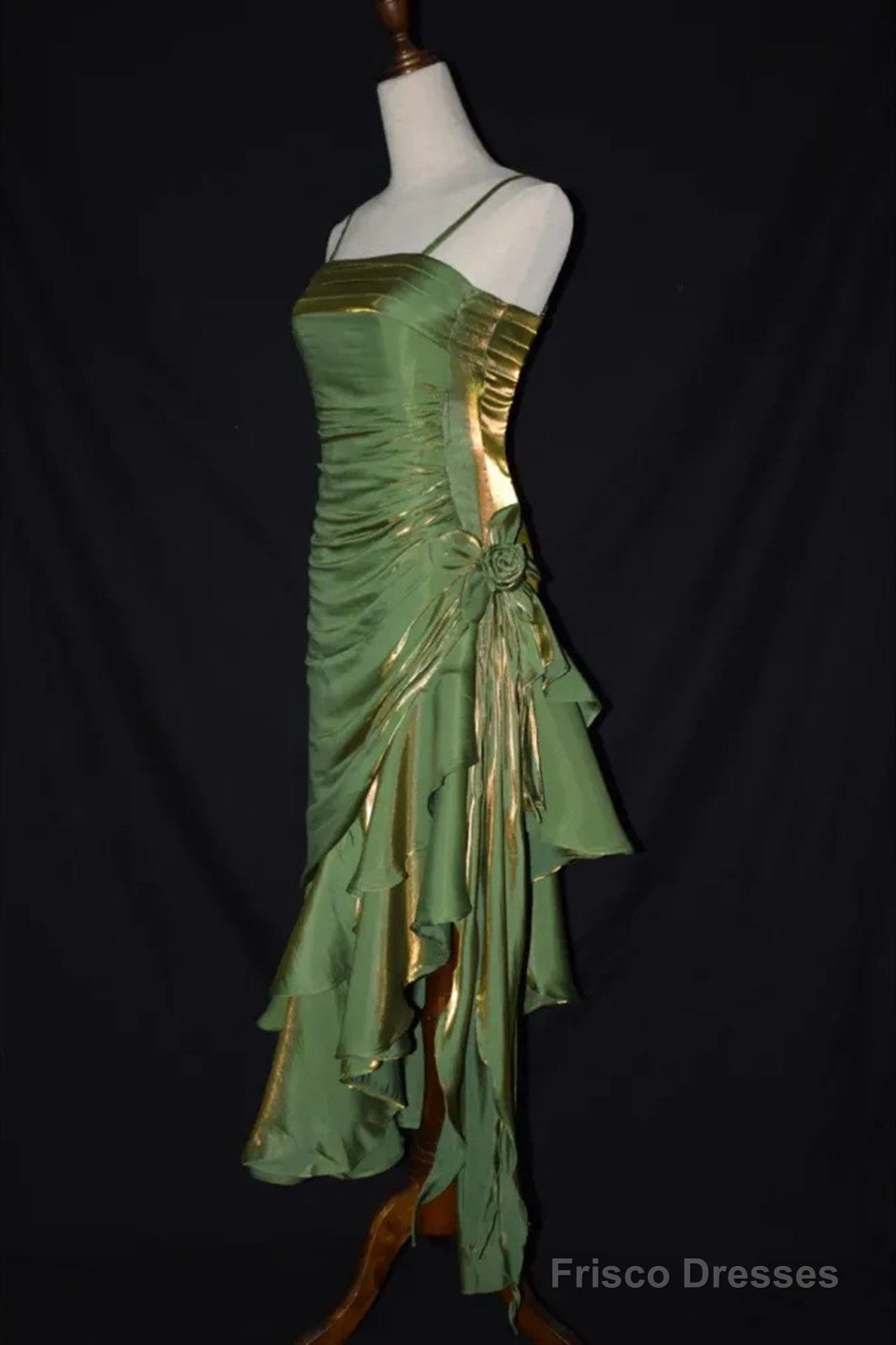 Cute Green Straps High Low Satin Chic Party Dress, Green Prom Dress Evening Dress