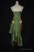 Cute Green Straps High Low Satin Chic Party Dress, Green Prom Dress Evening Dress