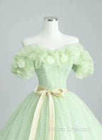 Cute Green Tulle Ball Gown Sweetheart Party Dress, Green Shiny Tulle Formal Prom Dress