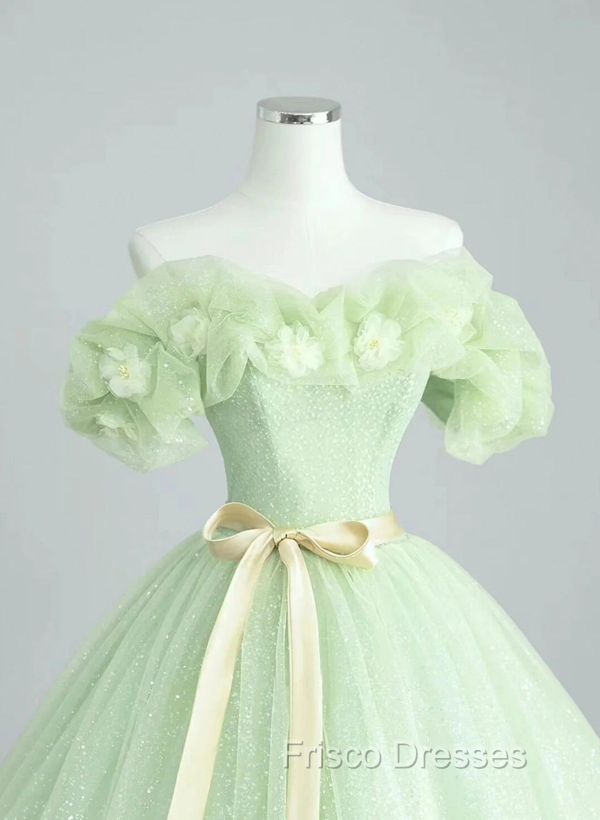 Cute Green Tulle Ball Gown Sweetheart Party Dress, Green Shiny Tulle Formal Prom Dress