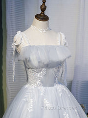 Cute Grey Tulle Straps Short Homecoming Dress Grey Party Dress, Tulle Bridesmaid Dress