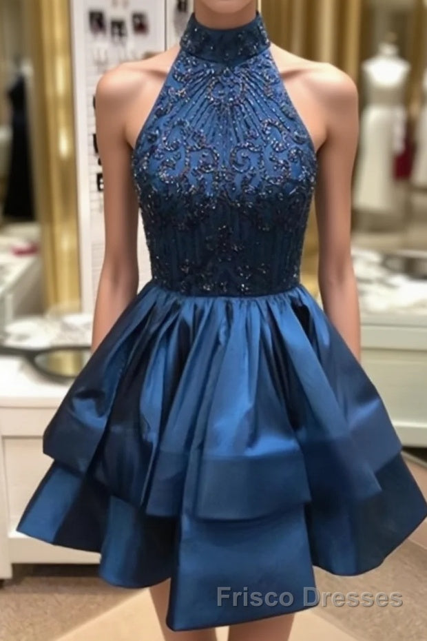 Cute High-Neck Sequin Beaded Short Blue Formal Prom Dresses, Blue Homecoming Dresses Main image