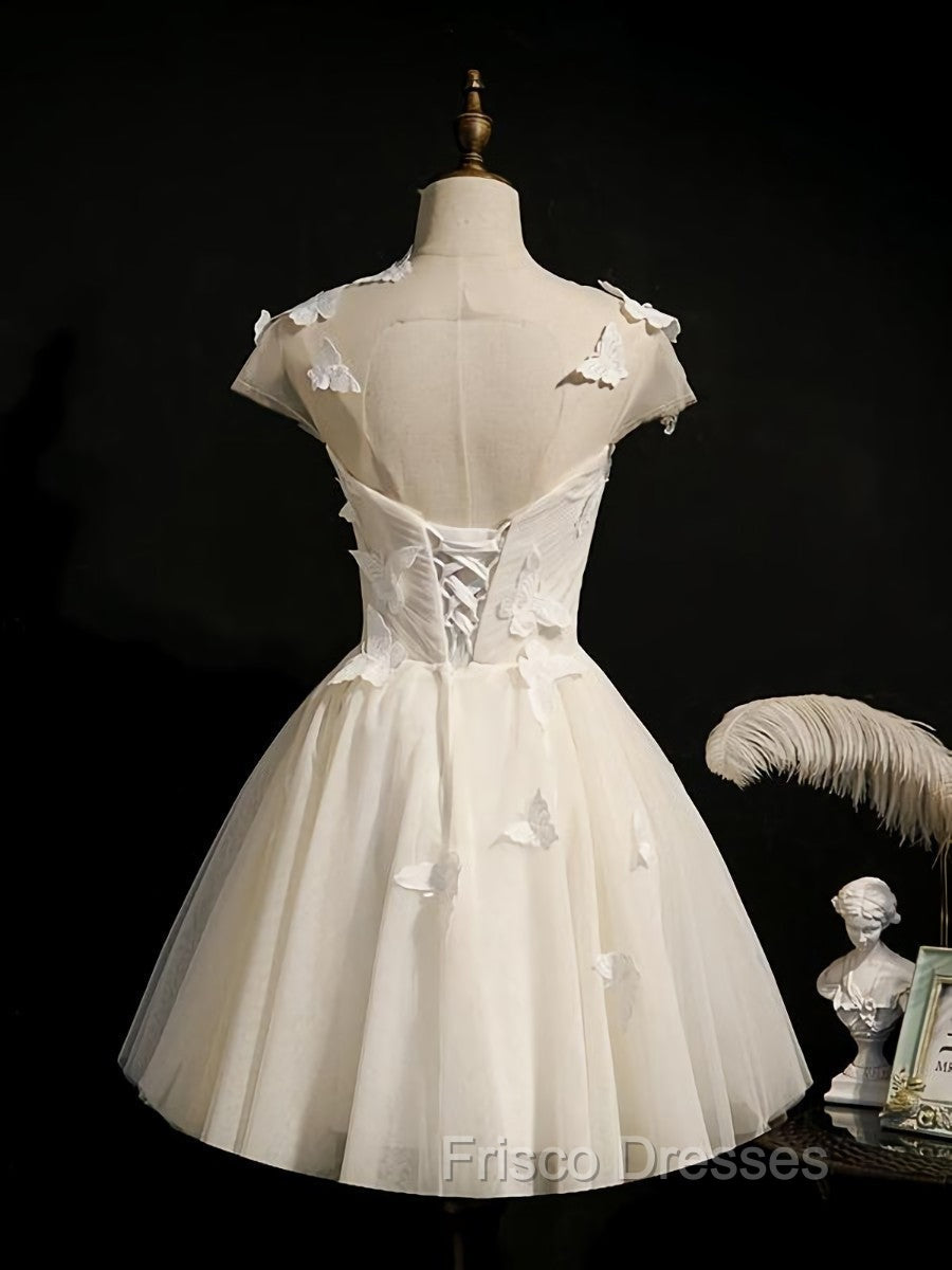 Cute Ivory Tulle Cap Sleeves Cute Homecoming Dress Graduation Dress, Short Formal Prom Dress