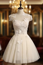 Cute Ivory Tulle Cap Sleeves Cute Homecoming Dress Graduation Dress, Short Formal Prom Dress