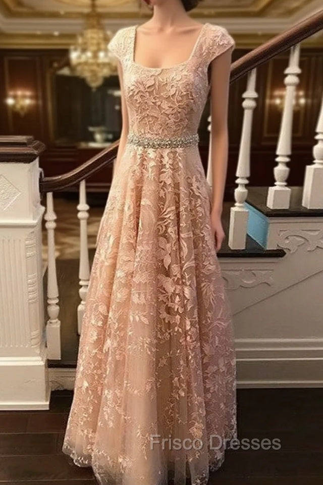 Cute Lace Champagne Formal Prom Dress, Lace Evening Dress Main image