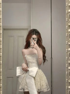 Cute Lace Pearl Bow Strapless A-Line Mini 17Th Birthday Homecoming Dress