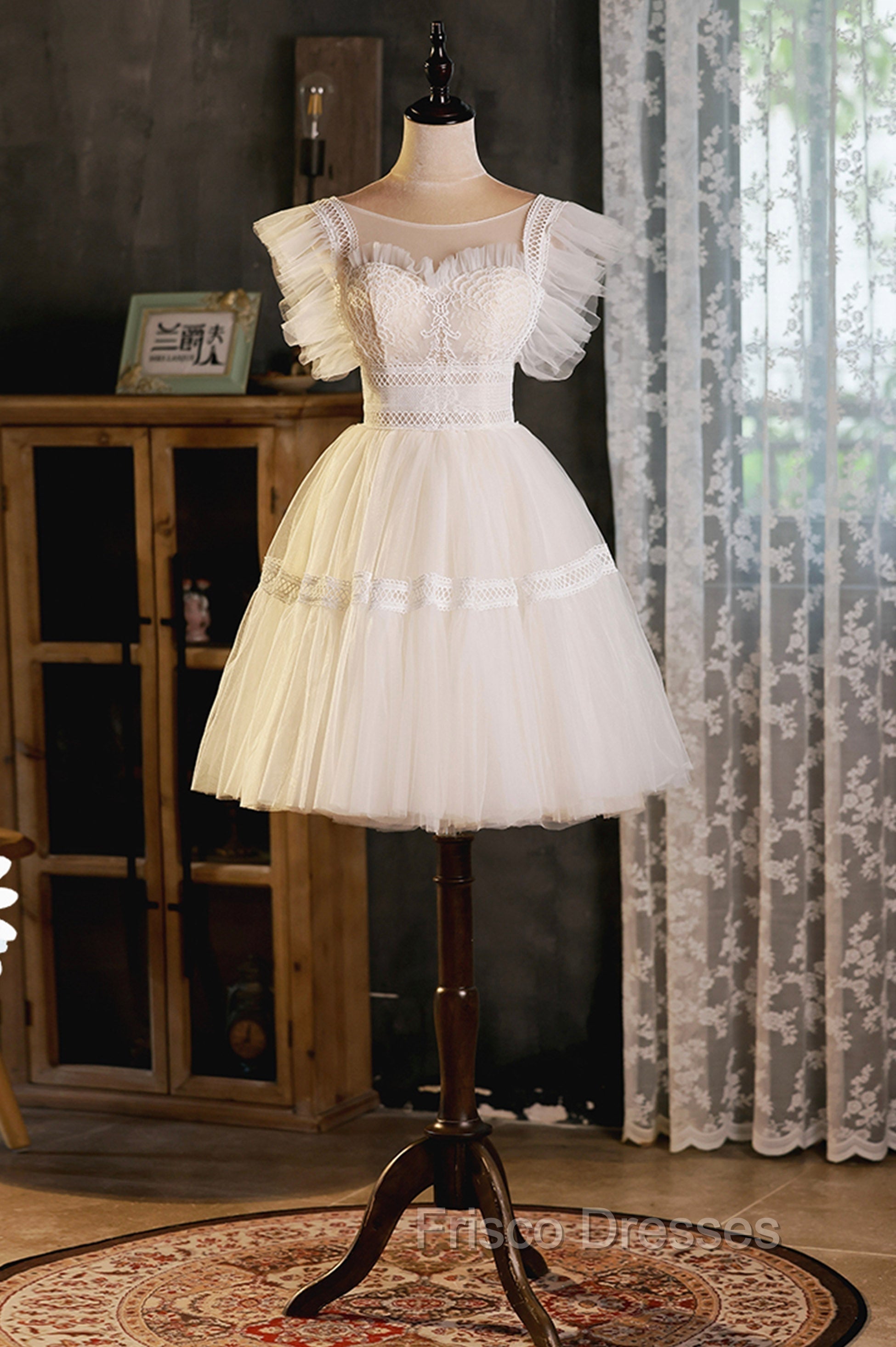 Cute Lace Short A-Line Formal Prom Dress, Champagne Mini Homecoming Party Dress Secondary image