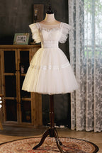 Cute Lace Short A-Line Formal Prom Dress, Champagne Mini Homecoming Party Dress