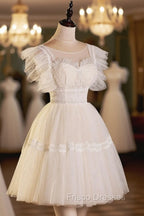 Cute Lace Short A-Line Formal Prom Dress, Champagne Mini Homecoming Party Dress
