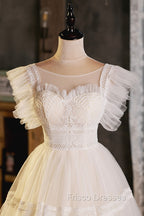 Cute Lace Short A-Line Formal Prom Dress, Champagne Mini Homecoming Party Dress