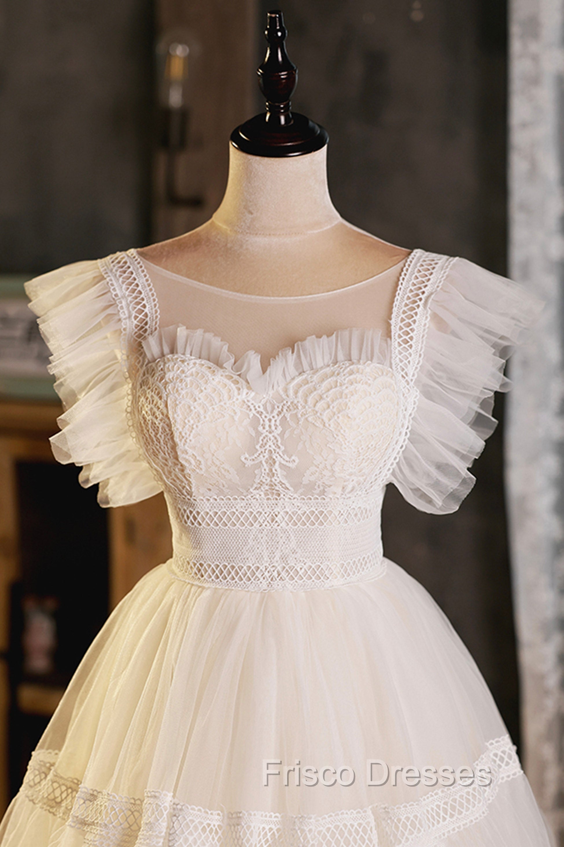 Cute Lace Short A-Line Formal Prom Dress, Champagne Mini Homecoming Party Dress