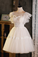 Cute Lace Short A-Line Formal Prom Dress, Champagne Mini Homecoming Party Dress