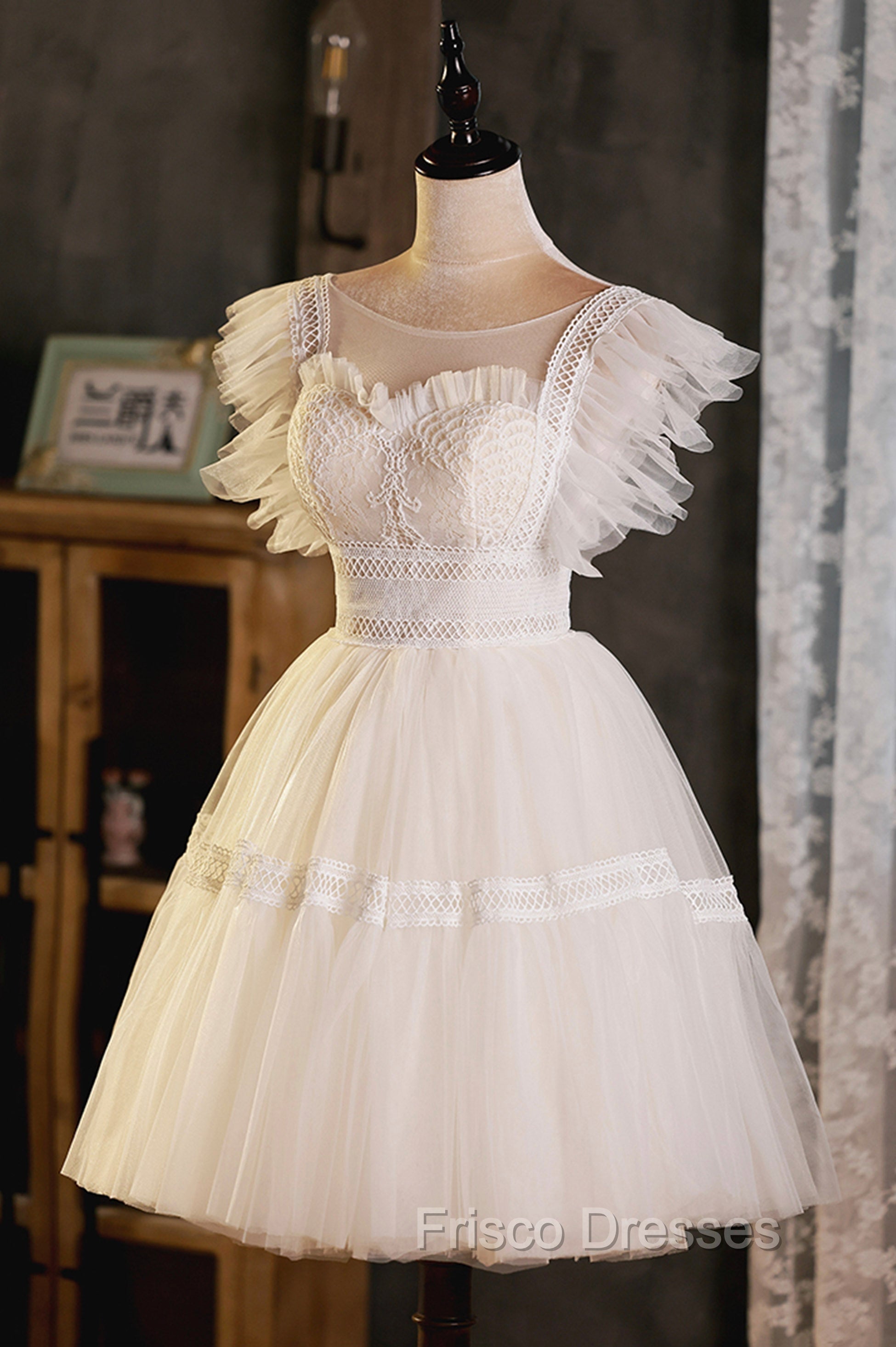 Cute Lace Short A-Line Formal Prom Dress, Champagne Mini Homecoming Party Dress