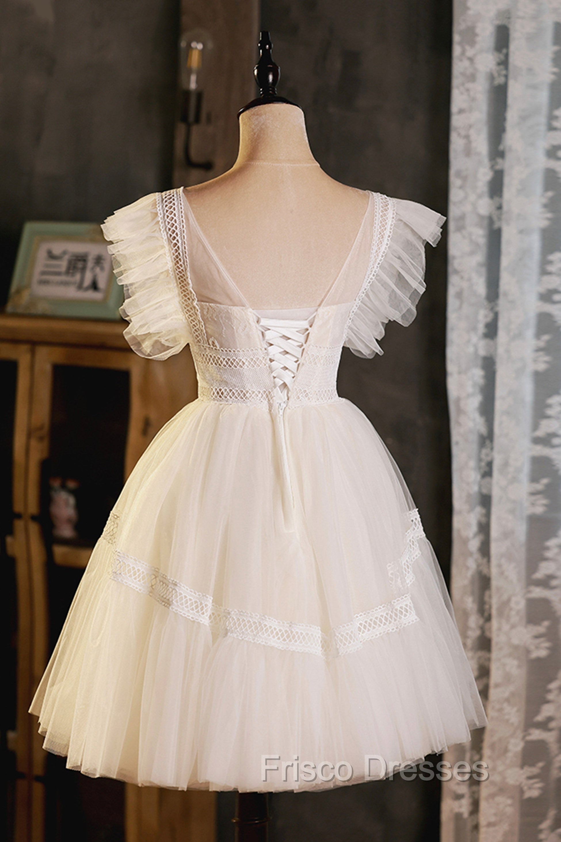 Cute Lace Short A-Line Formal Prom Dress, Champagne Mini Homecoming Party Dress