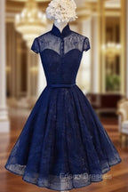 Cute Lace Short Cap Sleeves Homecoming Dress, Red Short Party Dress