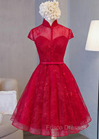 Cute Lace Short Cap Sleeves Homecoming Dress, Red Short Party Dress