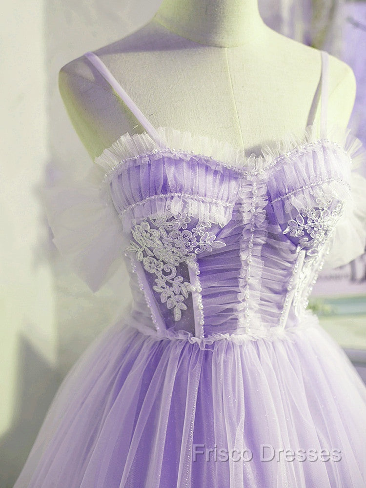 Cute Lavender Tulle Short Straps Homecoming Dresss, Tulle Sweetheart Formal Prom Dress