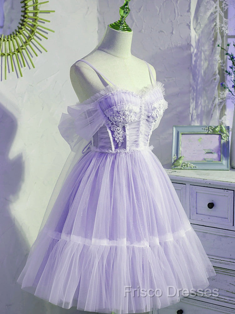 Cute Lavender Tulle Short Straps Homecoming Dresss, Tulle Sweetheart Formal Prom Dress
