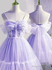 Cute Lavender Tulle Short Straps Homecoming Dresss, Tulle Sweetheart Prom Dress