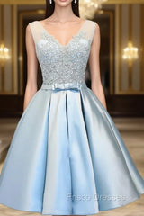 Cute Light Blue Short Homecoming Dress Cheap V Neck