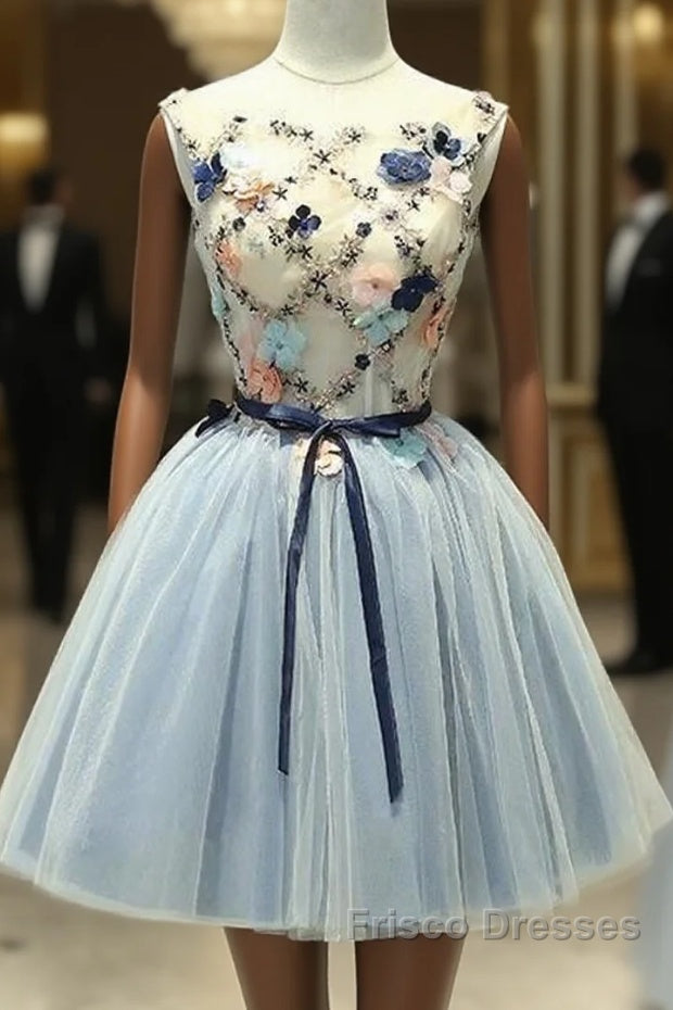Cute Light Blue Short Tulle Homecoming Dress, Blue Formal Prom Dress Main image