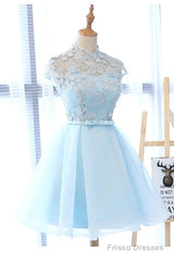 Cute Light Blue Tulle With Lace Party Dress , Beautiful Short Classical Formal Dress