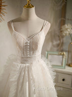 Cute Light Champagne Lace Tulle Short Formal Prom Dress, Puffy Homecoming Dress