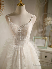 Cute Light Champagne Lace Tulle Short Prom Dress, Puffy Homecoming Dress