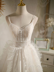 Cute Light Champagne Lace Tulle Short Formal Prom Dress, Puffy Homecoming Dress