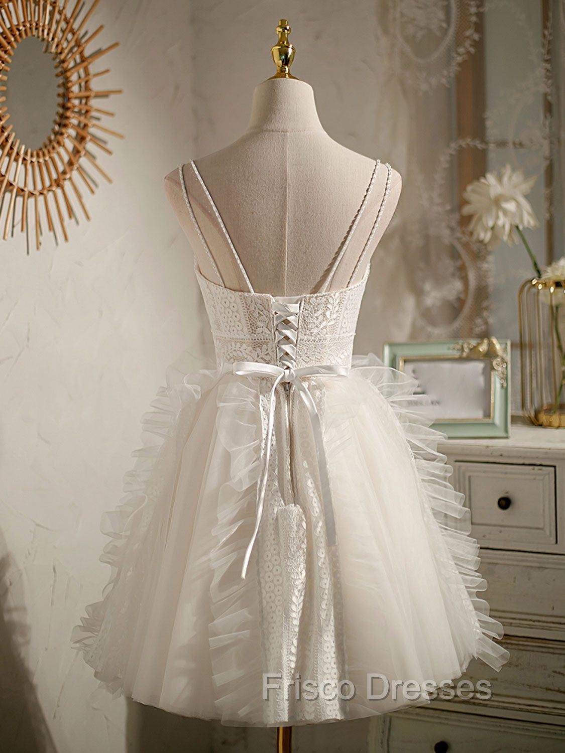 Cute Light Champagne Lace Tulle Short Formal Prom Dress, Puffy Homecoming Dress