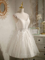 Cute Light Champagne Lace Tulle Short Formal Prom Dress, Puffy Homecoming Dress