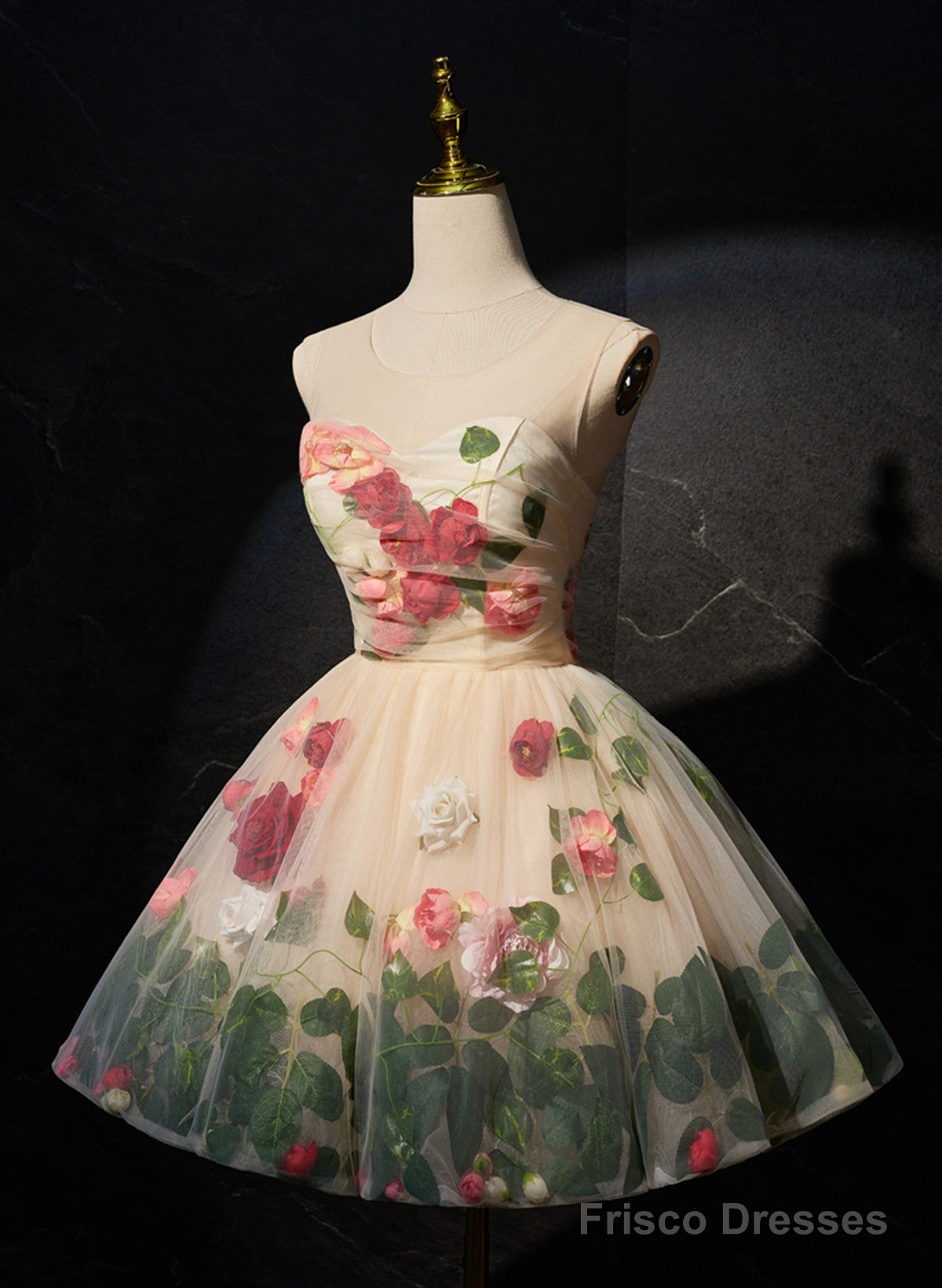 Cute Light Champagne Tulle With Flowers Party Dress, Cute Short Prom Dress Party Dress Secondary image