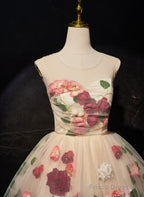Cute Light Champagne Tulle With Flowers Party Dress, Cute Short Prom Dress Party Dress