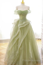 Cute Light Green A-Line Beaded Tulle Party Dress, Light Green Long Formal Prom Dress